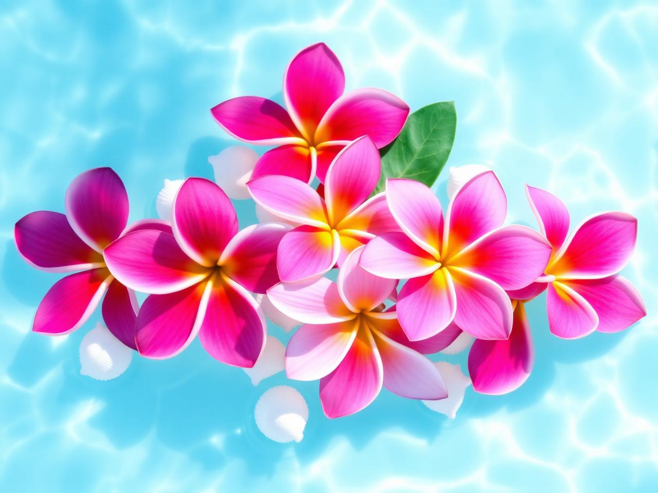 Pink plumeria flowers and shells floating on bright turquoise pool water